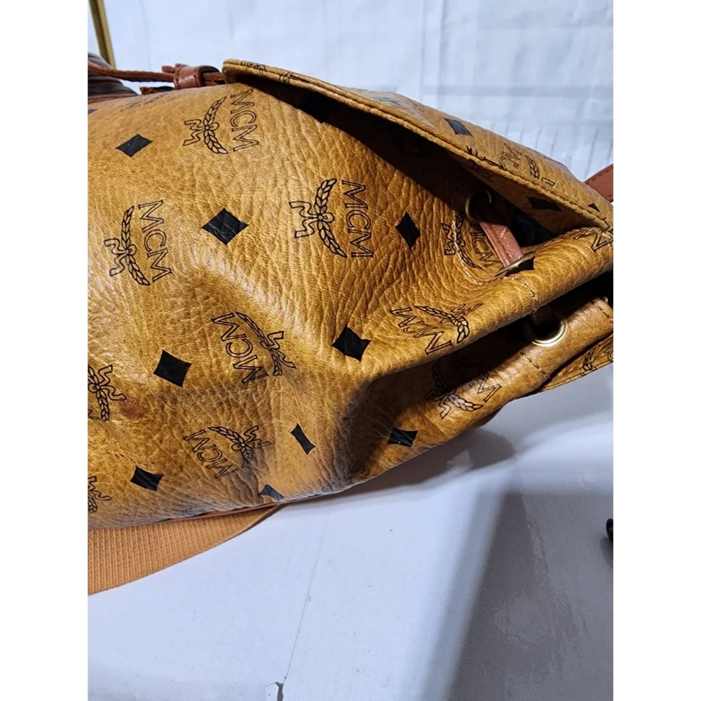 MCM Vintage Logo Print Coated Canvas Backpack Cognac